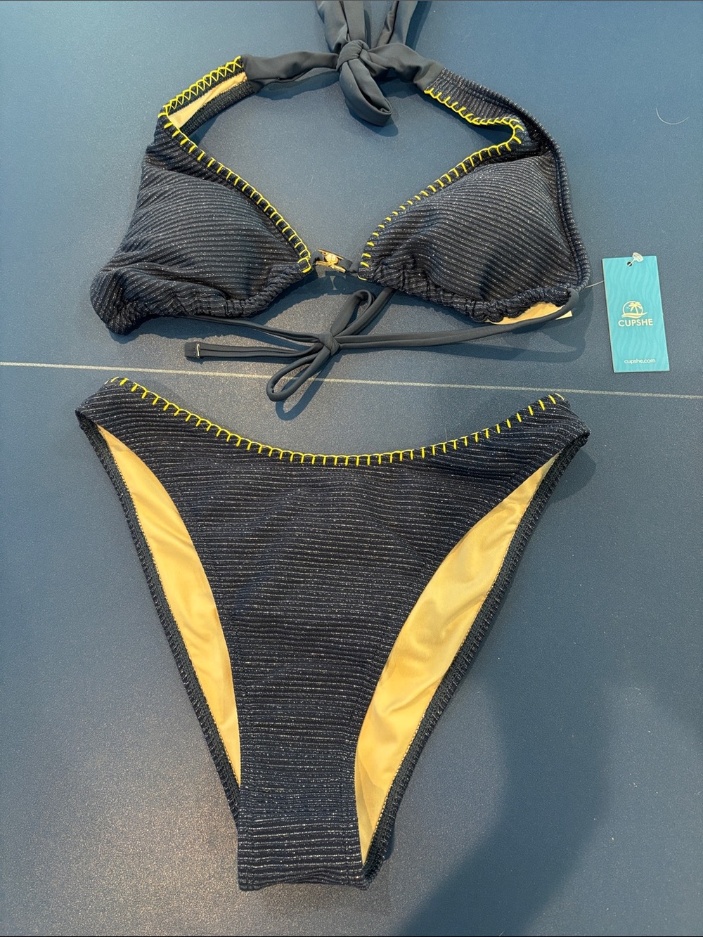 Cupshe Navy and Yellow Ribbed Bikini Set with Halter Straps